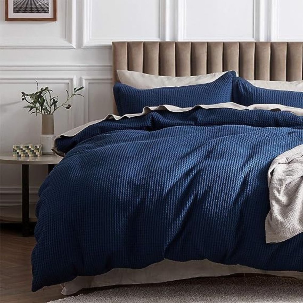 Bedsure Cotton Duvet Cover King - 100% Cotton Waffle Weave Navy Blue Duvet Cover
